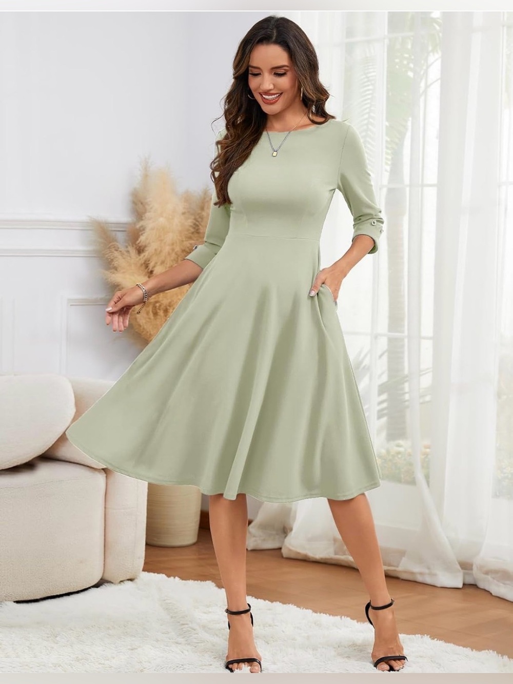 Elegant Sage Green Midi Dress with Three-Quarter Sleeves